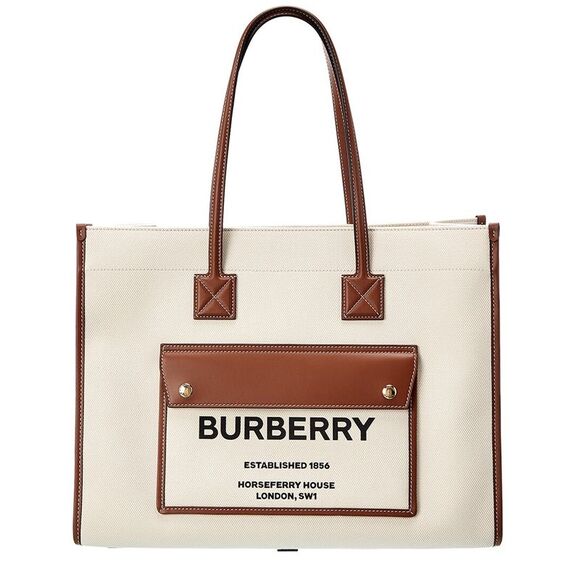 Burberry Medium Two-Tone Canvas & Leather Tote, Brown - Picture 1 of 4